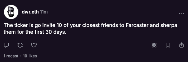 go invite 10 of your closest friends to Farcaster and sherpa them for the first 30 days token image